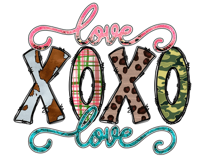 Love XOXO Love In Pink And Turquoise Font DTF (direct-to-film) Transfer