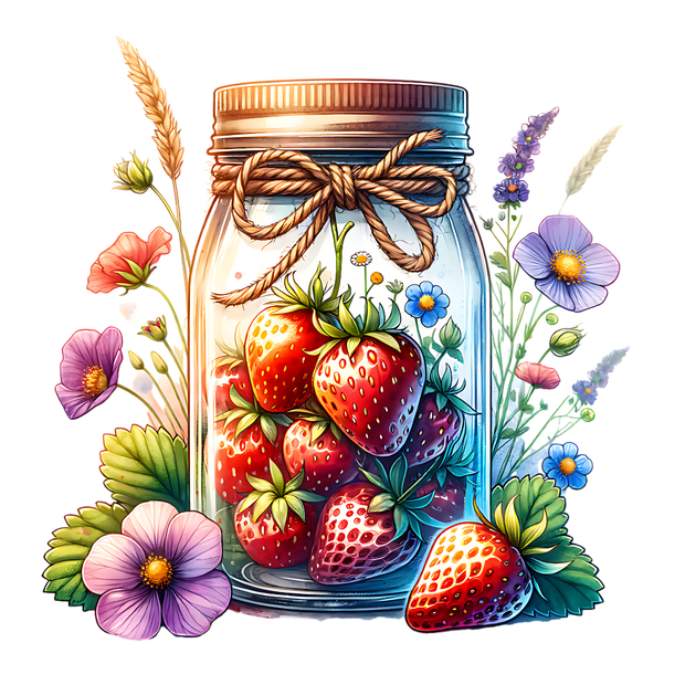 MASON JAR WITH STRAWBERRIES CLIPART DTF (direct-to-film) Transfer