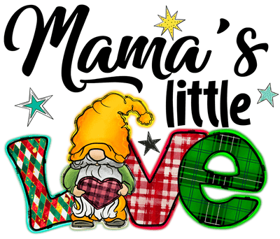 Mamas Little Love In Multi Print Font With Gnome DTF (direct-to-film) Transfer