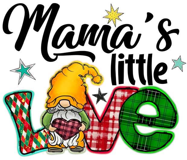 Mamas Little Love In Multi Print Font With Gnome DTF (direct-to-film) Transfer