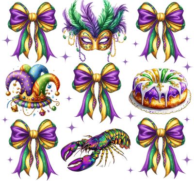 Mardi Gras Bow Jester Hat Lobster Coquette Purple And Green NOLA DTF (direct-to-film) Transfer