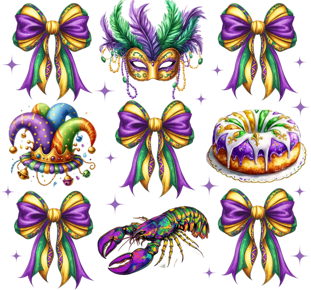 Mardi Gras Bow Jester Hat Lobster Coquette Purple And Green NOLA DTF (direct-to-film) Transfer