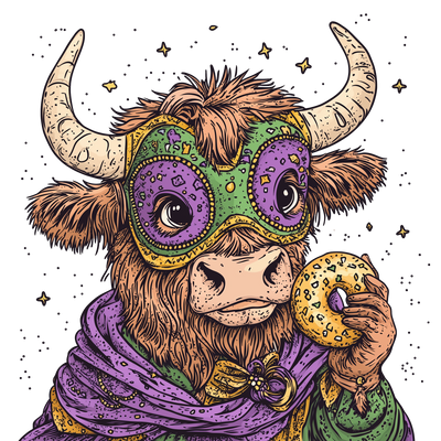 Mardi Gras Donut Eating Cow DTF (direct-to-film) Transfer