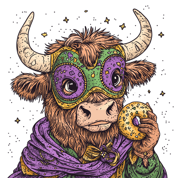 Mardi Gras Donut Eating Cow DTF (direct-to-film) Transfer