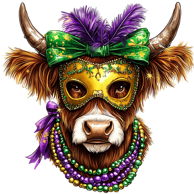 Mardi Gras Highland Cow NOLA 2 DTF (direct-to-film) Transfer