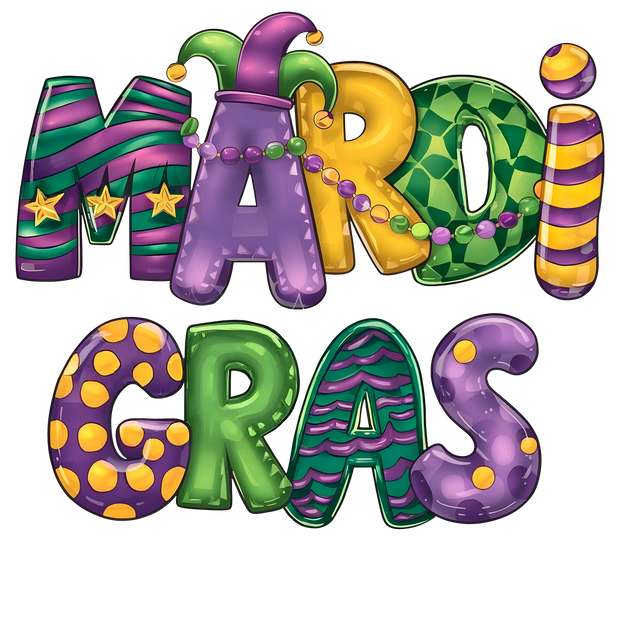 Mardi Gras Letters in Stripes DTF (direct-to-film) Transfer