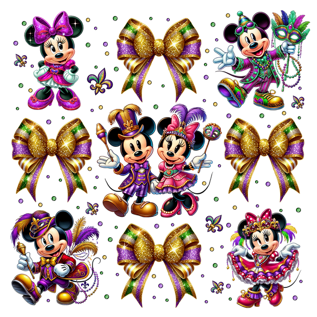 Mardi Gras Minnie Mickey And Gold Bow Coquette NOLA DTF (direct-to-film) Transfer