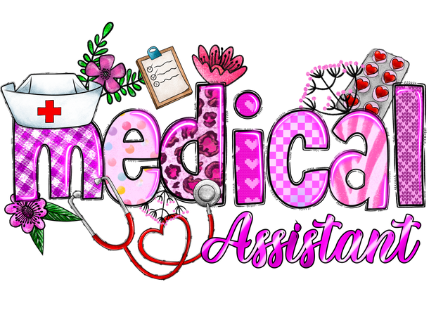 Medical Assistant With Floral In Purple Font DTF (direct-to-film) Transfer