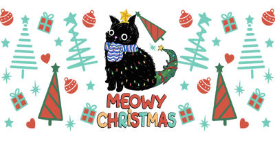 Meowy Christmas Cat Black Christmas Tree-animal Christmas-Cartoon Christmas-Christmas Tree-Snowman Christmas 16oz UV DTF Libby Cup Wrap