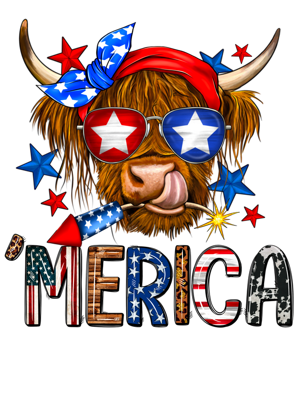 Merica Cow Red White and Blue DTF (direct to film) Transfer