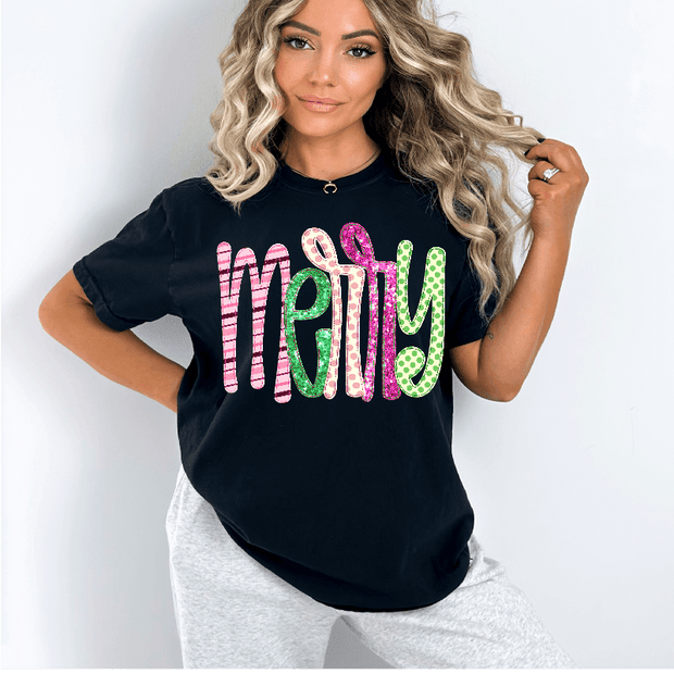 T-Shirt with Merry Faux Embroidery and Glitter in DTF - Twisted Image Transfers