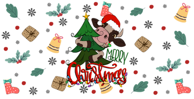 Merry Christmas Cow Tree-Cow Christmas Light 16oz UV DTF Libby Cup Wrap