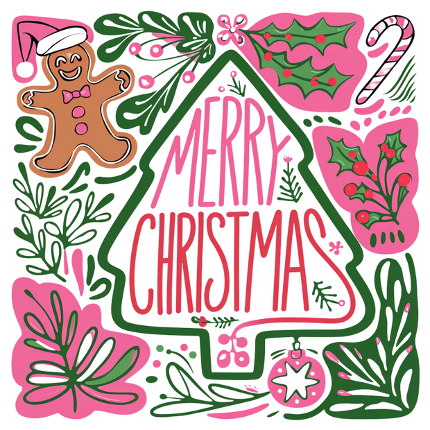 Merry Christmas Outline Tree With Pink DTF (direct-to-film) Transfer