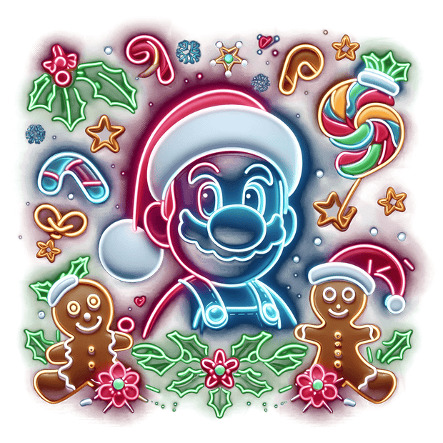 Neon Mario With Gingerbread and Canes DTF (direct-to-film) Transfer
