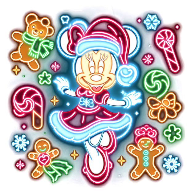 Neon Minnie Posing in Dress Christmas DTF (direct-to-film) Transfer