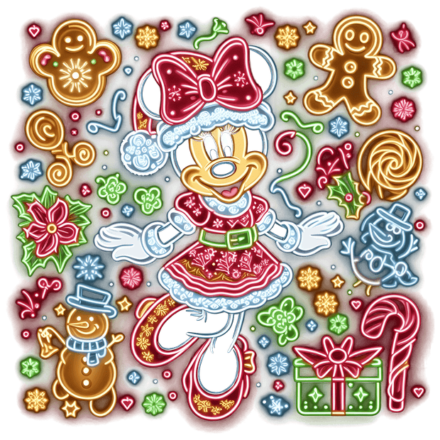 Neon Minnie Snowmen and Gingerbread DTF (direct-to-film) Transfer