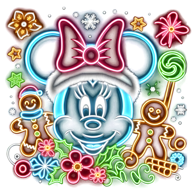 Neon Minnie With Flowers and Gingerbread DTF (direct-to-film) Transfer