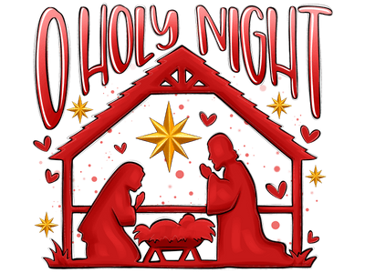 O Holy Night in Red with Hearts DTF (direct-to-film) Transfer