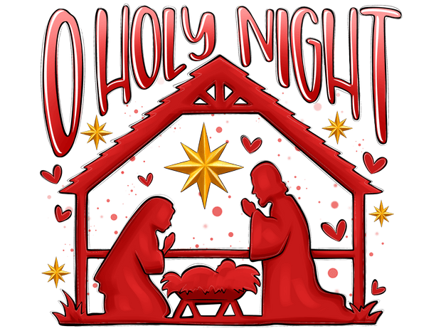 O Holy Night in Red with Hearts DTF (direct-to-film) Transfer