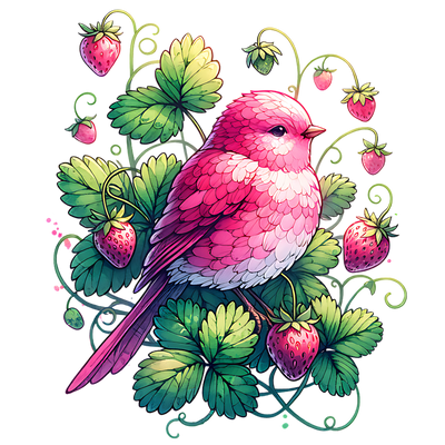 PINK BIRD WITH STRAWBERRIES CLIPART DTF (direct-to-film) Transfer