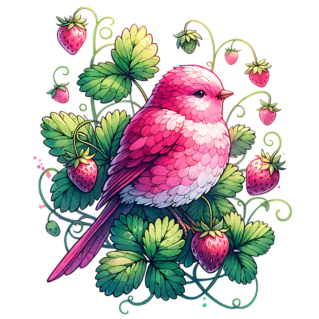 PINK BIRD WITH STRAWBERRIES CLIPART DTF (direct-to-film) Transfer