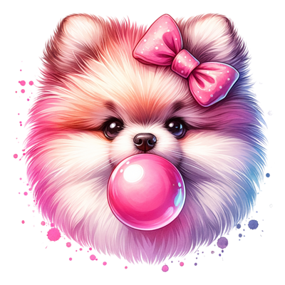 POMERANIAN BLOWING A BUBBLE WITH BOW DTF (direct-to-film) Transfer