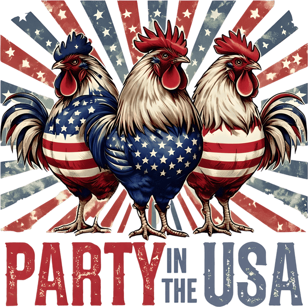 Party in the USA Flagged Roosters DTF (direct-to-film) Transfer