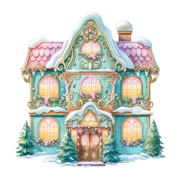 Pastel Blue Christmas House DTF (direct-to-film) Transfer