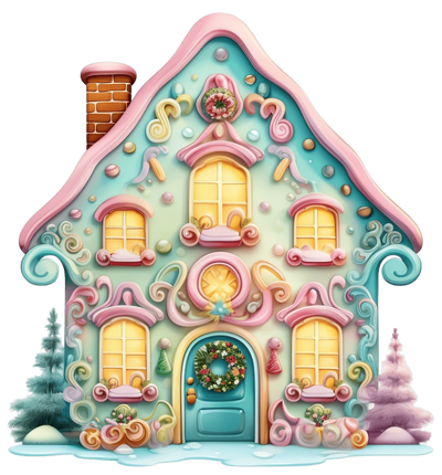Pastel Christmas House With Brick Chimney DTF (direct-to-film) Transfer