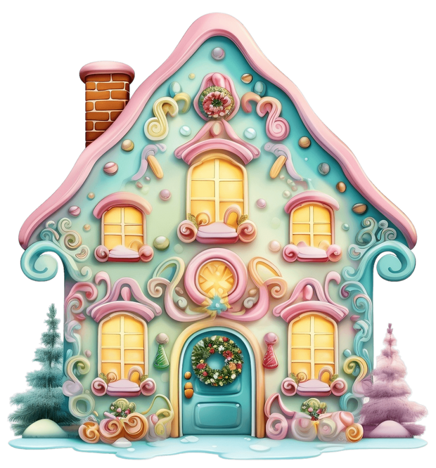 Pastel Christmas House With Brick Chimney DTF (direct-to-film) Transfer