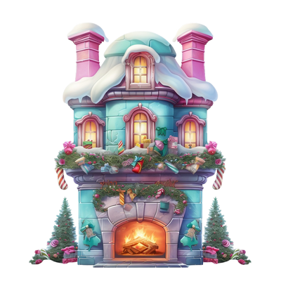 Pastel Christmas House With Lit Fireplace DTF (direct-to-film) Transfer