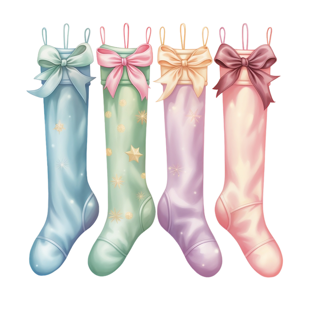 Pastel Christmas Stockings With Mix Matched Bows DTF (direct-to-film) Transfer