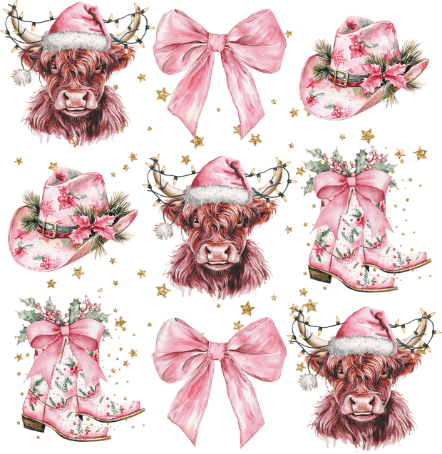 Pink Christmas Hats Boots and Highland Cows DTF (direct-to-film) Transfer