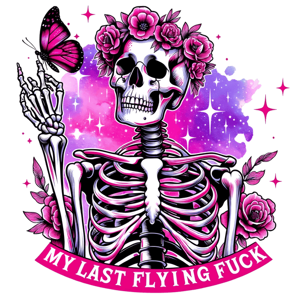 Pink Flowers & Skeleton Flying Fuck DTF (direct-to-film) Transfer