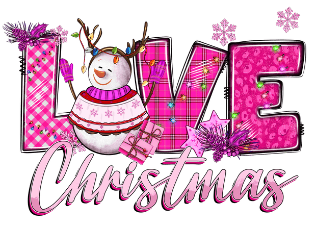 Pink Love Christmas Snowman DTF (direct-to-film) Transfer