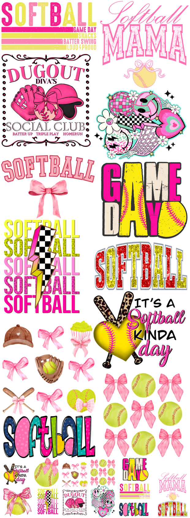 Pink Softball with Pocket Sizes 1 60x22" DTF Ready to Ship Gang Sheet