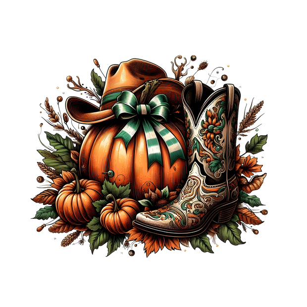 Pumpkin With Cowboy Hat and Boot Halloween DTF (direct-to-film) Transfer