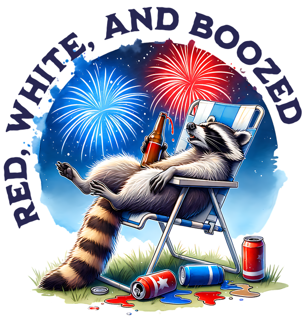RED WHITE AND BOOZED RACCOON DTF (direct-to-film) Transfer