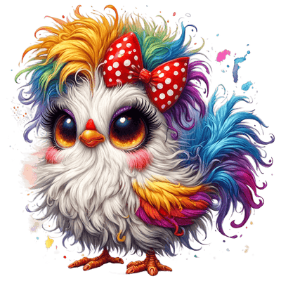 Rainbow Feathered Chicken With Polka Dot Bow DTF (direct-to-film) Transfer