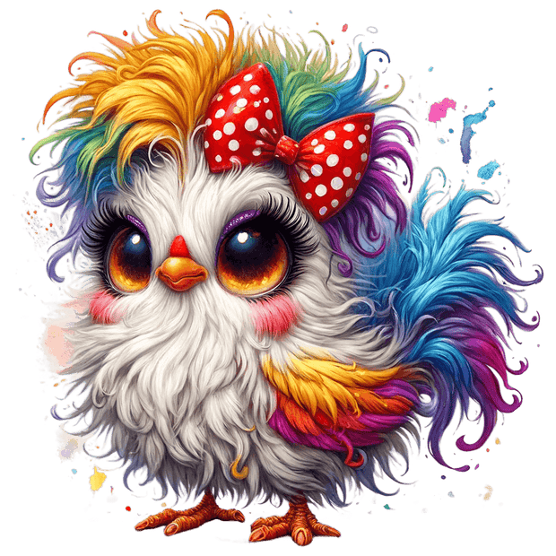 Rainbow Feathered Chicken With Polka Dot Bow DTF (direct-to-film) Transfer