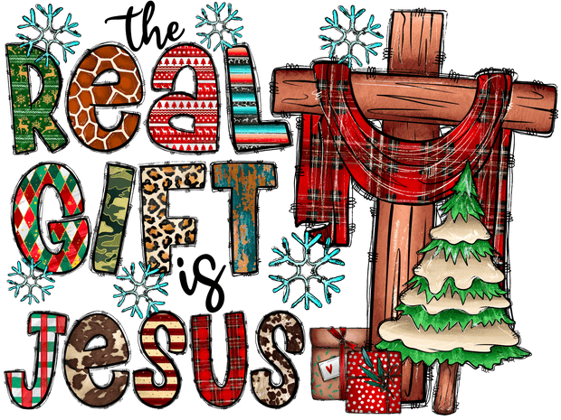 Real Gift is Jesus Snowflakes & Cross DTF (direct-to-film) Transfer