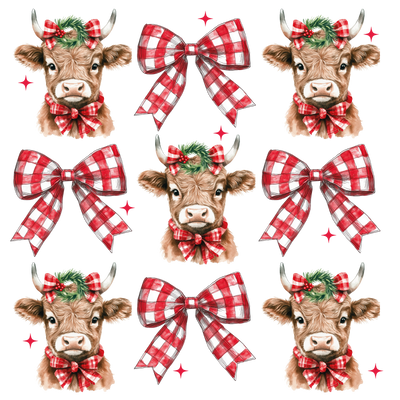 Red Christmas Plaid Highland Cows & Bows DTF (direct-to-film) Transfer