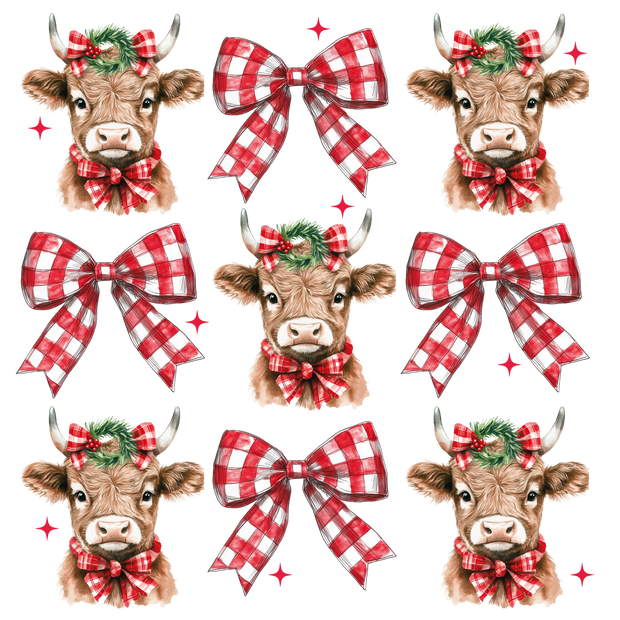 Red Christmas Plaid Highland Cows & Bows DTF (direct-to-film) Transfer