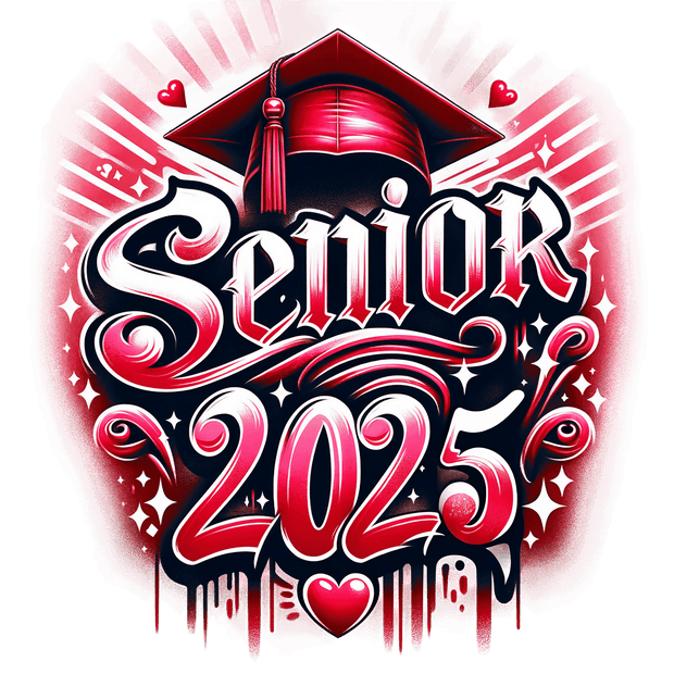 Red Senior 2025 Airbrushed Hearts & Cap DTF (direct-to-film) Transfer
