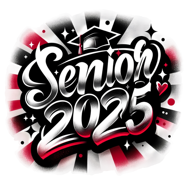 Red Tassel Senior 2025 Airbrushed Red and Black DTF (direct-to-film) Transfer