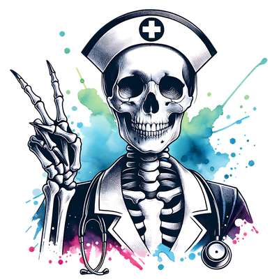 SKELETON NURSE WITH A WATERCOLOR BACKGROUND DTF (direct-to-film) Transfer
