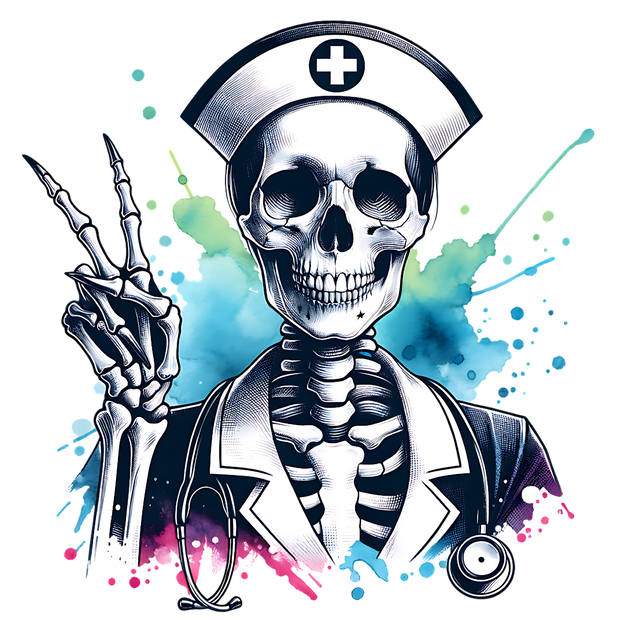 SKELETON NURSE WITH A WATERCOLOR BACKGROUND DTF (direct-to-film) Transfer