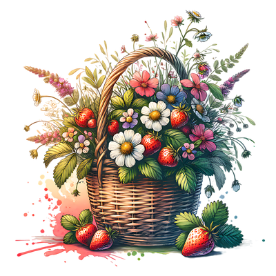 SPRING BASKET WITH STRAWBERRIES CLIPART DTF (direct-to-film) Transfer