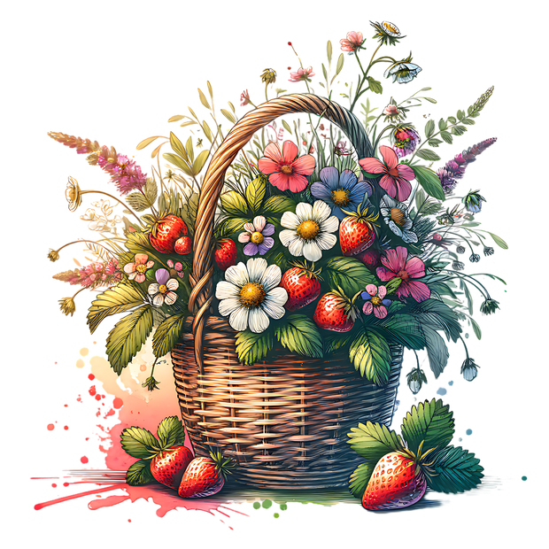 SPRING BASKET WITH STRAWBERRIES CLIPART DTF (direct-to-film) Transfer