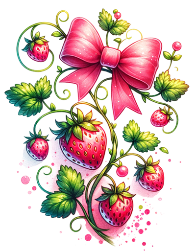 STRAWBERRIES ON VINE CLIPART WITH BOW DTF (direct-to-film) Transfer
